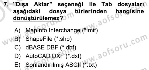 Coğrafi Bilgi Sistemleri Yazılımı Dersi 2021 - 2022 Yılı Yaz Okulu Sınav Soruları 7. Soru