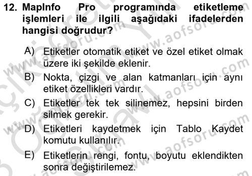 Coğrafi Bilgi Sistemleri Yazılımı Dersi 2022 - 2023 Yılı Yaz Okulu Sınav Soruları 12. Soru
