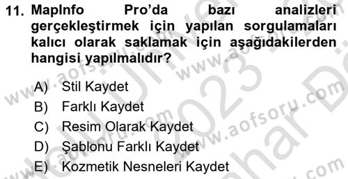 Coğrafi Bilgi Sistemleri Yazılımı Dersi 2023 - 2024 Yılı (Vize) Ara Sınav Soruları 11. Soru