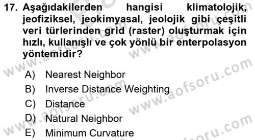Coğrafi Bilgi Sistemleri Yazılımı Dersi 2023 - 2024 Yılı (Final) Dönem Sonu Sınav Soruları 17. Soru