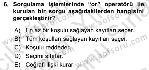 Coğrafi Bilgi Sistemleri Yazılımı Dersi 2025 - 2026 Yılı (Final) Dönem Sonu Sınav Soruları 6. Soru