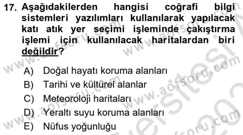 Coğrafi Bilgi Sistemlerinin Kullanım Alanları 1 Dersi 2023 - 2024 Yılı (Vize) Ara Sınav Soruları 17. Soru