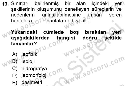 Harita Bilgisi Dersi 2022 - 2023 Yılı Yaz Okulu Sınav Soruları 13. Soru
