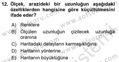 Harita Bilgisi Dersi 2024 - 2025 Yılı (Vize) Ara Sınav Soruları 12. Soru