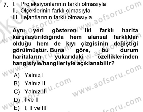 Harita Bilgisi Dersi 2024 - 2025 Yılı Yaz Okulu Sınav Soruları 7. Soru