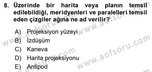 Harita Bilgisi Dersi 2025 - 2026 Yılı (Vize) Ara Sınav Soruları 8. Soru