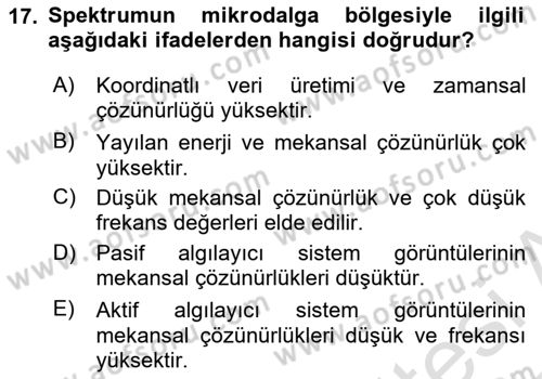 Uzaktan Algılama Dersi 2016 - 2017 Yılı (Vize) Ara Sınav Soruları 17. Soru