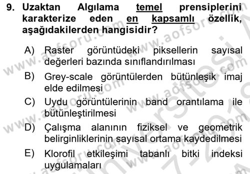 Uzaktan Algılama Dersi 2017 - 2018 Yılı (Vize) Ara Sınav Soruları 9. Soru