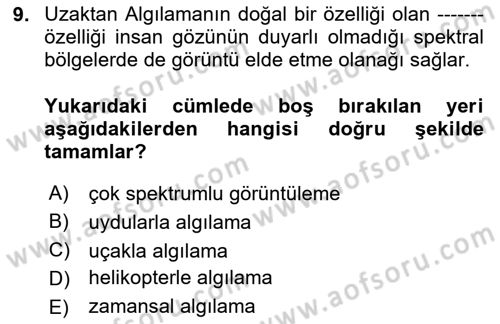 Uzaktan Algılama Dersi 2024 - 2025 Yılı (Final) Dönem Sonu Sınav Soruları 9. Soru