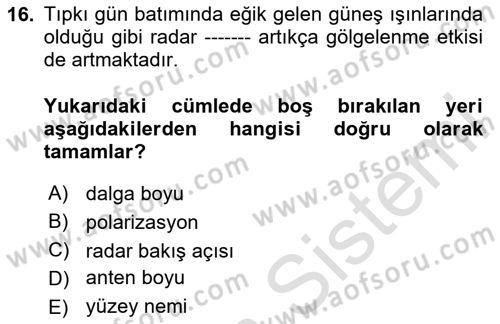 Uzaktan Algılama Dersi 2025 - 2026 Yılı (Vize) Ara Sınav Soruları 16. Soru