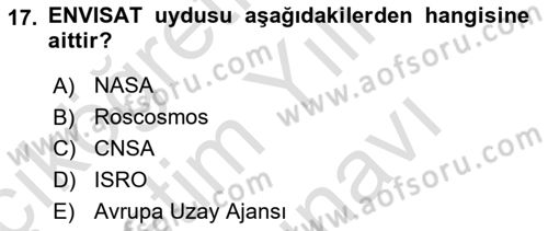 Uzaktan Algılama Dersi 2025 - 2026 Yılı (Vize) Ara Sınav Soruları 17. Soru