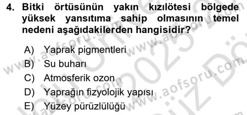 Uzaktan Algılama Dersi 2025 - 2026 Yılı (Vize) Ara Sınav Soruları 4. Soru