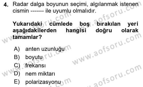 Uzaktan Algılama Dersi 2025 - 2026 Yılı (Final) Dönem Sonu Sınav Soruları 4. Soru