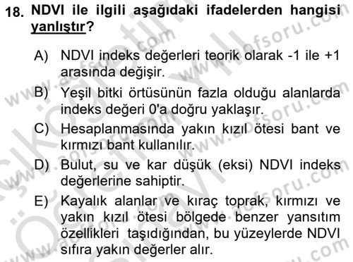 Uzaktan Algılama Dersi 2025 - 2026 Yılı Yaz Okulu Sınav Soruları 18. Soru