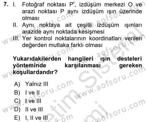 Fotogrametri Dersi 2021 - 2022 Yılı (Final) Dönem Sonu Sınav Soruları 7. Soru
