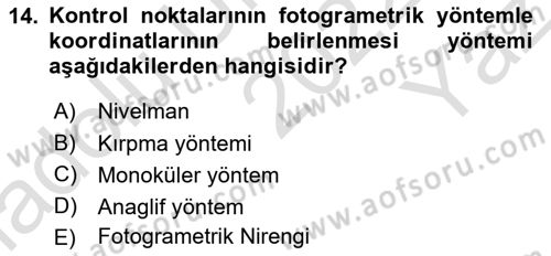 Fotogrametri Dersi 2022 - 2023 Yılı Yaz Okulu Sınav Soruları 14. Soru