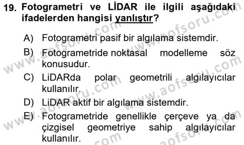 Fotogrametri Dersi 2022 - 2023 Yılı Yaz Okulu Sınav Soruları 19. Soru