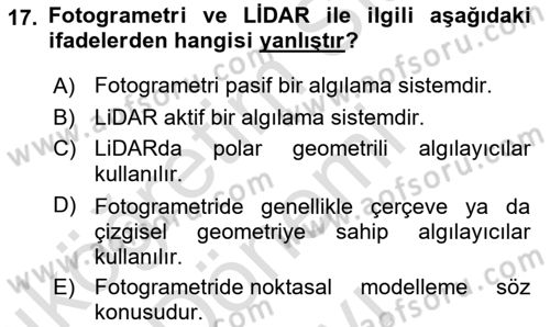 Fotogrametri Dersi 2025 - 2026 Yılı (Final) Dönem Sonu Sınav Soruları 17. Soru