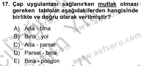Yerel Yönetimlerde CBS Uygulamaları Dersi 2018 - 2019 Yılı Yaz Okulu Sınav Soruları 17. Soru