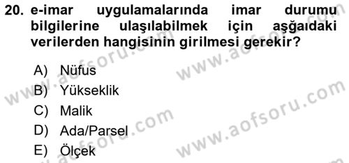 Yerel Yönetimlerde CBS Uygulamaları Dersi 2020 - 2021 Yılı Yaz Okulu Sınav Soruları 20. Soru