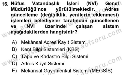Yerel Yönetimlerde CBS Uygulamaları Dersi 2021 - 2022 Yılı (Final) Dönem Sonu Sınav Soruları 16. Soru