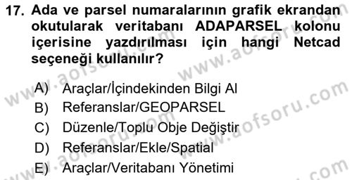 Yerel Yönetimlerde CBS Uygulamaları Dersi 2023 - 2024 Yılı Yaz Okulu Sınav Soruları 17. Soru