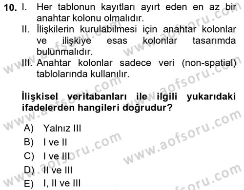 Yerel Yönetimlerde CBS Uygulamaları Dersi 2025 - 2026 Yılı Yaz Okulu Sınav Soruları 10. Soru