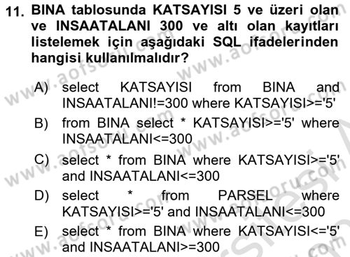 Yerel Yönetimlerde CBS Uygulamaları Dersi 2025 - 2026 Yılı Yaz Okulu Sınav Soruları 11. Soru