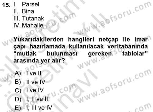 Yerel Yönetimlerde CBS Uygulamaları Dersi 2025 - 2026 Yılı Yaz Okulu Sınav Soruları 15. Soru