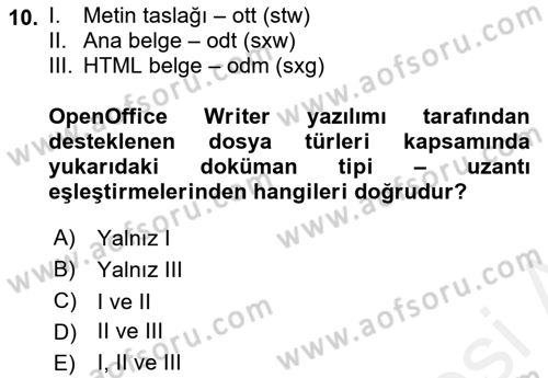 Ofis Uygulamaları 1 Dersi 2018 - 2019 Yılı (Vize) Ara Sınav Soruları 10. Soru
