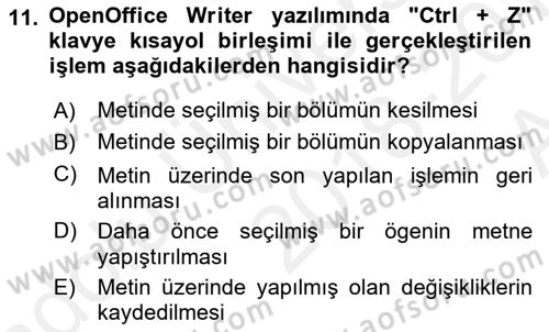 Ofis Uygulamaları 1 Dersi 2018 - 2019 Yılı (Vize) Ara Sınav Soruları 11. Soru