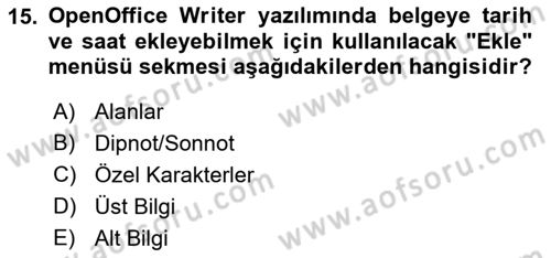 Ofis Uygulamaları 1 Dersi 2018 - 2019 Yılı (Vize) Ara Sınav Soruları 15. Soru
