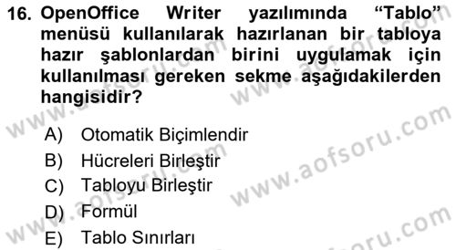 Ofis Uygulamaları 1 Dersi 2018 - 2019 Yılı (Vize) Ara Sınav Soruları 16. Soru