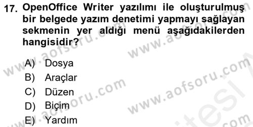 Ofis Uygulamaları 1 Dersi 2018 - 2019 Yılı (Vize) Ara Sınav Soruları 17. Soru