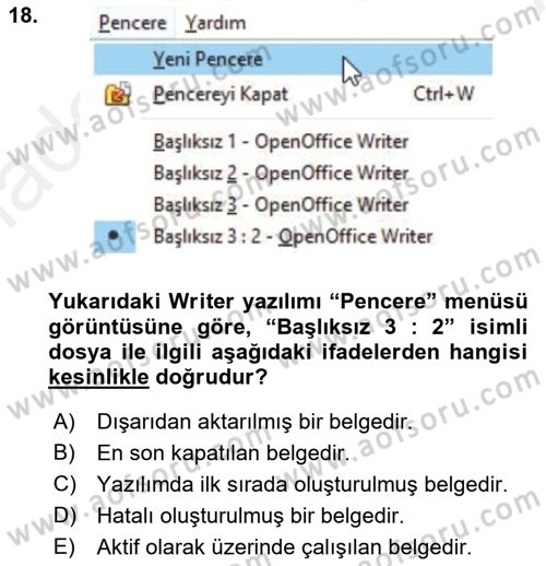 Ofis Uygulamaları 1 Dersi 2018 - 2019 Yılı (Vize) Ara Sınav Soruları 18. Soru