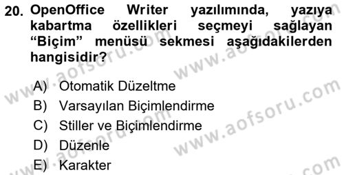 Ofis Uygulamaları 1 Dersi 2018 - 2019 Yılı (Vize) Ara Sınav Soruları 20. Soru