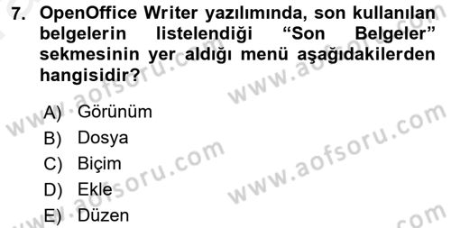 Ofis Uygulamaları 1 Dersi 2018 - 2019 Yılı (Vize) Ara Sınav Soruları 7. Soru