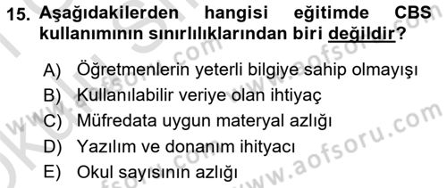 Coğrafi Bilgi Sistemlerinin Kullanım Alanları 2 Dersi 2020 - 2021 Yılı Yaz Okulu Sınav Soruları 15. Soru
