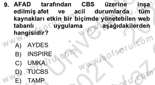 Coğrafi Bilgi Sistemlerinin Kullanım Alanları 2 Dersi 2021 - 2022 Yılı Yaz Okulu Sınav Soruları 9. Soru