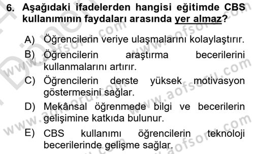 Coğrafi Bilgi Sistemlerinin Kullanım Alanları 2 Dersi 2023 - 2024 Yılı (Final) Dönem Sonu Sınav Soruları 6. Soru