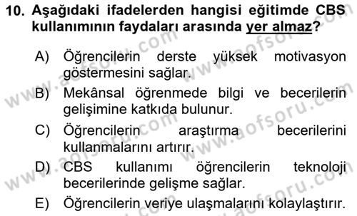 Coğrafi Bilgi Sistemlerinin Kullanım Alanları 2 Dersi 2023 - 2024 Yılı Yaz Okulu Sınav Soruları 10. Soru