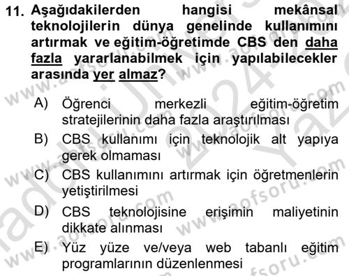 Coğrafi Bilgi Sistemlerinin Kullanım Alanları 2 Dersi 2024 - 2025 Yılı Yaz Okulu Sınav Soruları 11. Soru