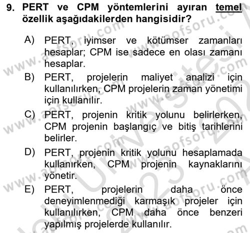 Cbs’de Proje Tasarımı ve Yönetimi Dersi 2023 - 2024 Yılı (Vize) Ara Sınav Soruları 9. Soru