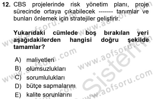 Cbs’de Proje Tasarımı ve Yönetimi Dersi 2024 - 2025 Yılı (Vize) Ara Sınav Soruları 12. Soru