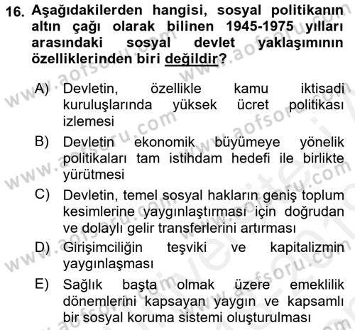 Sosyal Politika Dersi 2018 - 2019 Yılı (Final) Dönem Sonu Sınav Soruları 16. Soru