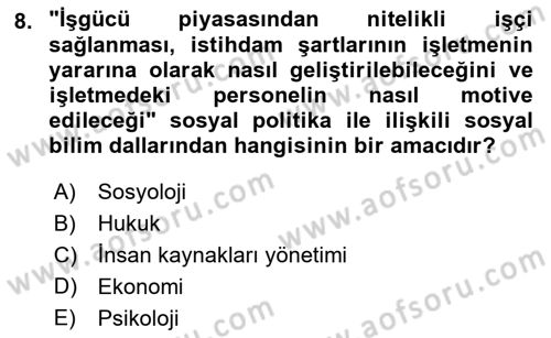 Sosyal Politika Dersi 2023 - 2024 Yılı (Vize) Ara Sınav Soruları 8. Soru