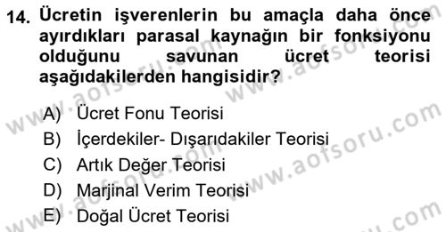 Çalışma Ekonomisi 1 Dersi 2020 - 2021 Yılı Yaz Okulu Sınav Soruları 14. Soru