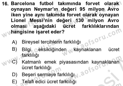 Çalışma Ekonomisi 1 Dersi 2020 - 2021 Yılı Yaz Okulu Sınav Soruları 16. Soru