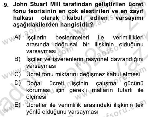 Çalışma Ekonomisi 1 Dersi 2020 - 2021 Yılı Yaz Okulu Sınav Soruları 9. Soru
