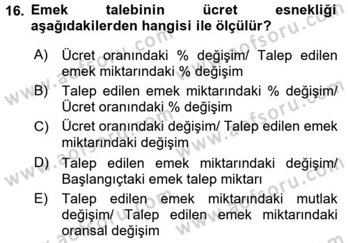Çalışma Ekonomisi 1 Dersi 2021 - 2022 Yılı (Vize) Ara Sınav Soruları 16. Soru